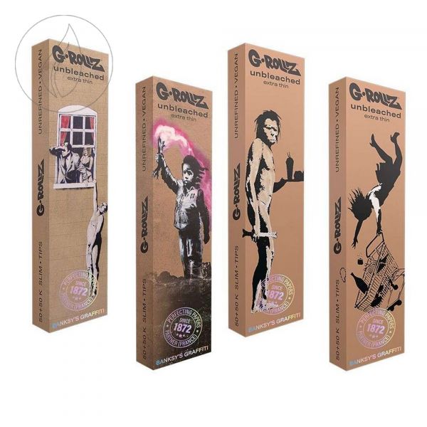 [G-ROLLZ] Banksy's Graffiti Unbleached KingSize Extra Thin Papers + Tips 